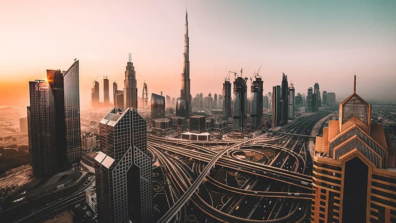 The Dubai skyline along Sheikh Zayed Road, United Arab Emirates
